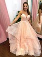 Ball Gown/Princess Sweep Train V-neck Glitter Cascading Ruffles Prom Dresses