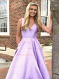 Ball Gown V-neck Satin Sweep Train Pockets Prom Dresses