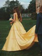 Ball Gown V-neck Satin Sweep Train Pockets Prom Dresses