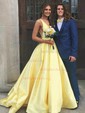 Ball Gown V-neck Satin Sweep Train Pockets Prom Dresses