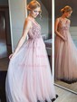 Ball Gown V-neck Backless Tulle Prom Dresses With Beading
