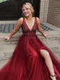 Ball Gown V-neck Backless Tulle Prom Dresses With Beading