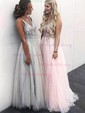 Ball Gown V-neck Backless Tulle Prom Dresses With Beading