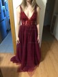 Ball Gown V-neck Backless Tulle Prom Dresses With Beading