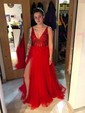 Ball Gown V-neck Backless Tulle Prom Dresses With Beading