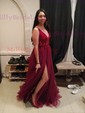 Ball Gown V-neck Backless Tulle Prom Dresses With Beading