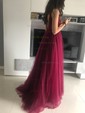 Ball Gown V-neck Backless Tulle Prom Dresses With Beading