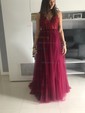 Ball Gown V-neck Backless Tulle Prom Dresses With Beading