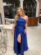 A-line One Shoulder Silk-like Satin Sweep Train Split Front Prom Dresses