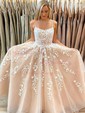 Ball Gown Scoop Neck Tulle Sweep Train Appliques Lace Prom Dresses