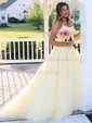 Ball Gown Scoop Neck Tulle Sweep Train Appliques Lace Prom Dresses