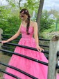 Ball Gown Scoop Neck Tulle Sweep Train Appliques Lace Prom Dresses