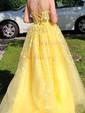 Ball Gown Scoop Neck Tulle Sweep Train Appliques Lace Prom Dresses