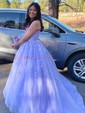 Ball Gown Scoop Neck Tulle Sweep Train Appliques Lace Prom Dresses