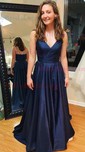 Dark Green A-line V-neck Satin Prom Dresses With Ruched