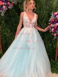 Ball Gown/Princess Floor-length V-neck Tulle Appliques Lace Prom Dresses