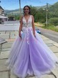 Ball Gown/Princess Floor-length V-neck Tulle Appliques Lace Prom Dresses