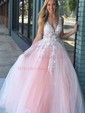 Ball Gown/Princess Floor-length V-neck Tulle Appliques Lace Prom Dresses