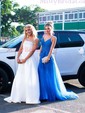 Ball Gown V-neck Tulle Sweep Train Beading Prom Dresses