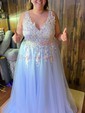 Ball Gown/Princess Sweep Train V-neck Tulle Appliques Lace Prom Dresses