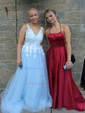 Ball Gown/Princess Sweep Train V-neck Tulle Appliques Lace Prom Dresses