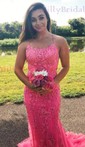 Sheath/Column Scoop Neck Backless Tulle Prom Dresses With Appliques
