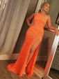 Sheath/Column Sweep Train One Shoulder Velvet Sequins Split Front Prom Dresses