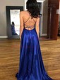 A-line Scoop Neck Silk-like Satin Sweep Train Split Front Prom Dresses