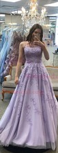 Ball Gown Scoop Neck Tulle Sweep Train Appliques Lace Prom Dresses