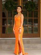 Sheath/Column Sweep Train Scoop Neck Velvet Sequins Split Front Prom Dresses