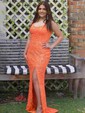 Sheath/Column Sweep Train Scoop Neck Velvet Sequins Split Front Prom Dresses