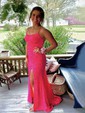 Sheath/Column Sweep Train Scoop Neck Velvet Sequins Split Front Prom Dresses