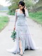 Sheath/Column Sweep Train Off-the-shoulder Lace Tulle Appliques Lace Prom Dresses