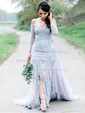 Sheath/Column Off-the-shoulder Lace Tulle Prom Dresses With Appliques