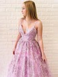 Ball Gown/Princess Sweep Train V-neck Lace Tulle Appliques Lace Prom Dresses