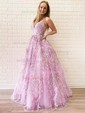 Ball Gown/Princess Sweep Train V-neck Lace Tulle Appliques Lace Prom Dresses