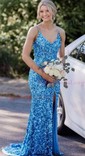 Sheath/Column Sweep Train V-neck Sequined Split Front Prom Dresses