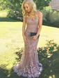 Trumpet/Mermaid V-neck Tulle Sweep Train Appliques Lace Prom Dresses