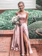 A-line Square Neckline Silk-like Satin Sweep Train Pockets Prom Dresses