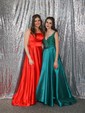 A-line Square Neckline Silk-like Satin Sweep Train Pockets Prom Dresses