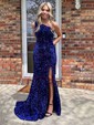 Sheath/Column Sweep Train One Shoulder Sequined Split Front Prom Dresses