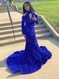 Mermaid High Neck Sparkly Velvet Sequin Prom Dresses With Long Sleeves