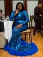 Mermaid High Neck Long Sleeves Sparkly Sequin Prom Dresses With Feather