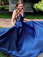 A-line V-neck Satin Sweep Train Pockets Prom Dresses