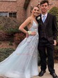 A-line V-neck Tulle Sweep Train Beading Prom Dresses