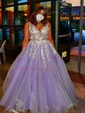 Ball Gown/Princess Floor-length V-neck Tulle Appliques Lace Prom Dresses