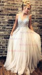 A-line V-neck Tulle Sweep Train Beading Prom Dresses