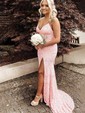 Sheath/Column V-neck Velvet Sequins Sweep Train Split Front Prom Dresses