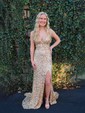 Sheath/Column V-neck Sparkly Velvet Sequin Prom Dresses