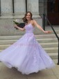 Ball Gown/Princess Sweep Train Scoop Neck Tulle Appliques Lace Prom Dresses